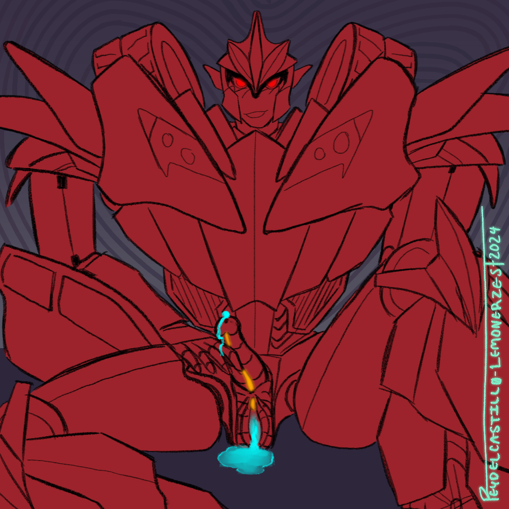 Knockout leaned back with his legs spread. One hand is hidden beside him, while his other hand holds his spike that is leaking slightly. Knockout's valve is leaking copious amounts of cum. The biolights on his array are orange and glowing slightly. Knockout's eyes are also glowing, but red.